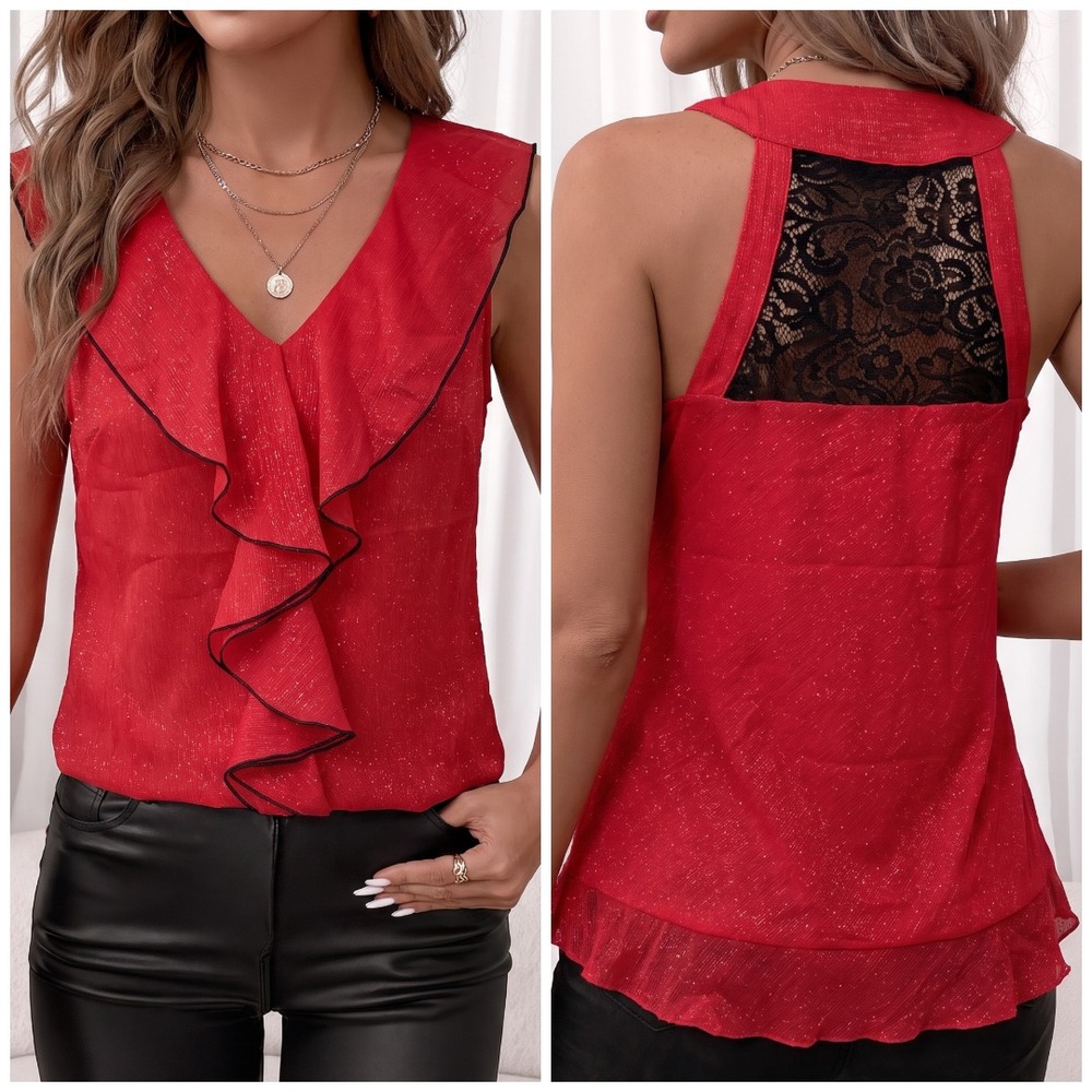 Y2k Red ruffled Sheer top M Black Lace Whimsigoth Bella Swan Elena Gilbert Vampy